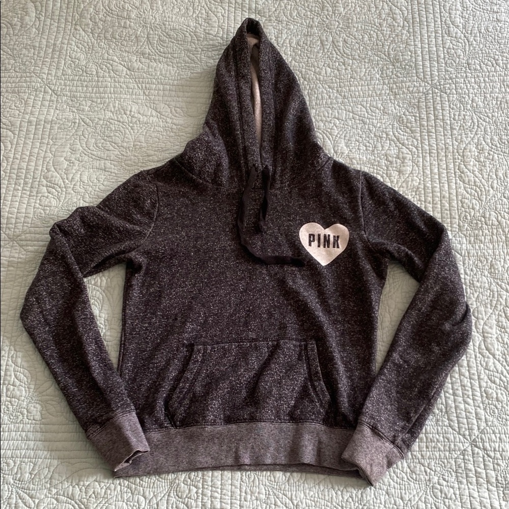 PINK Victoria's Secret Black and Gray Pullover Hoodie with Heart Detail